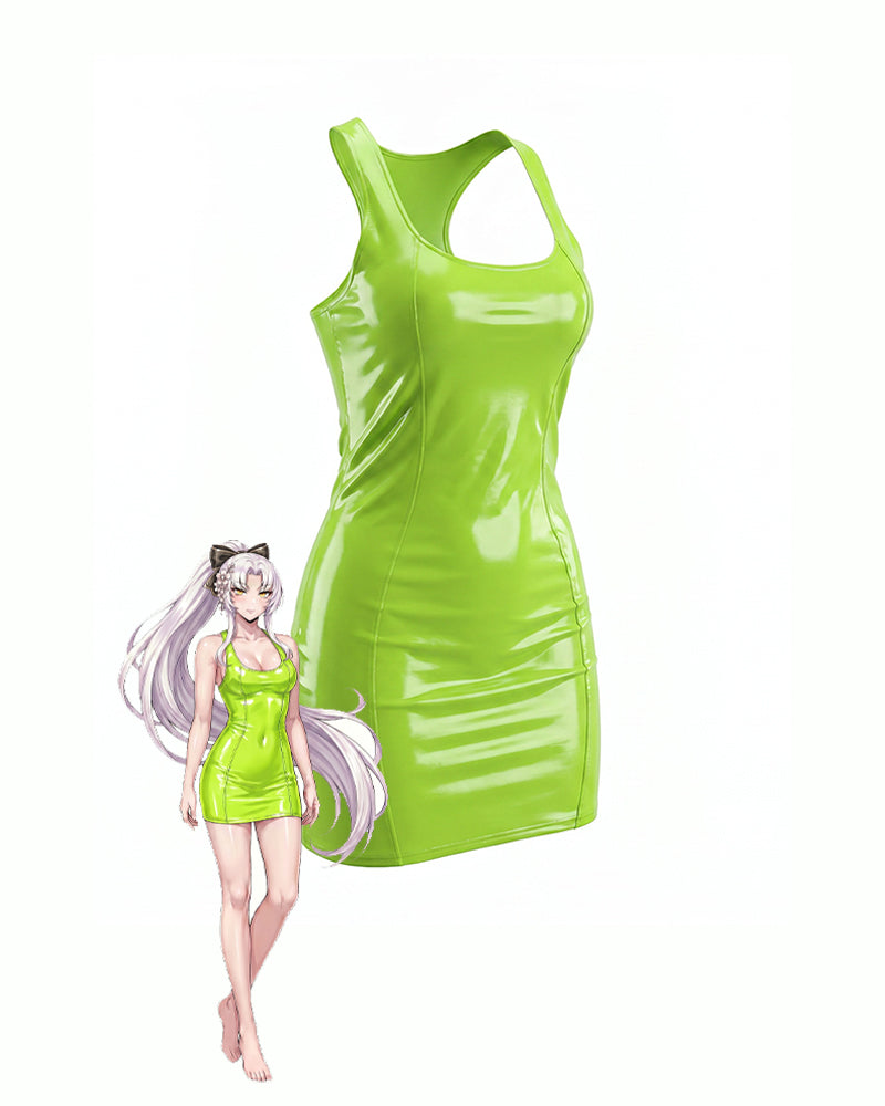 Green patent racerback mini dress, sleeveless scoop neck, glossy PVC look