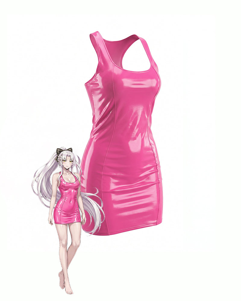 Pink patent racerback mini dress, sleeveless scoop neck, glossy PVC look