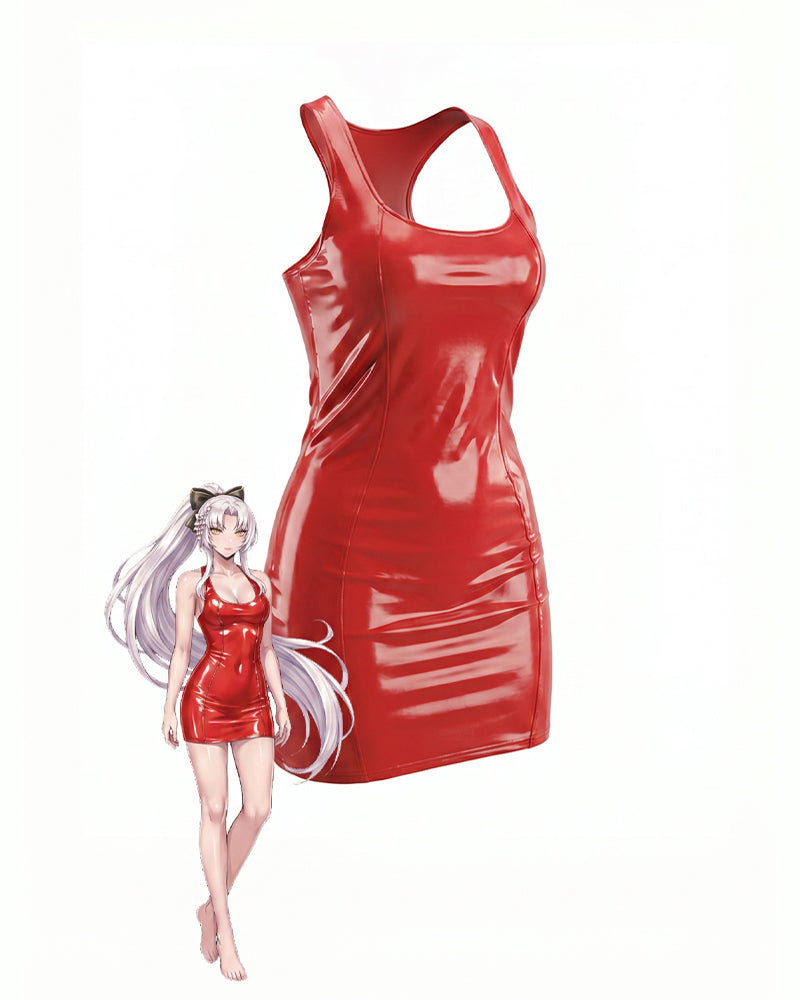 Red patent racerback mini dress, sleeveless scoop neck, glossy PVC look