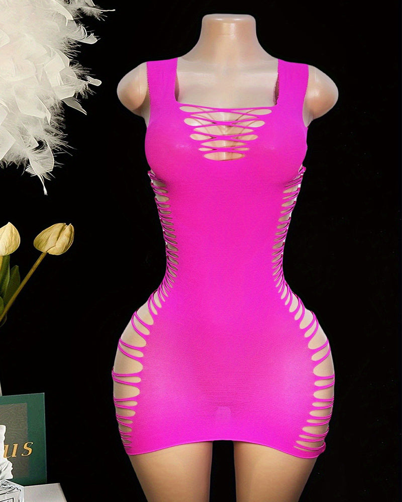 Hot pink bodycon mini dress with cut-out lace-up V front and side lace-up cutouts