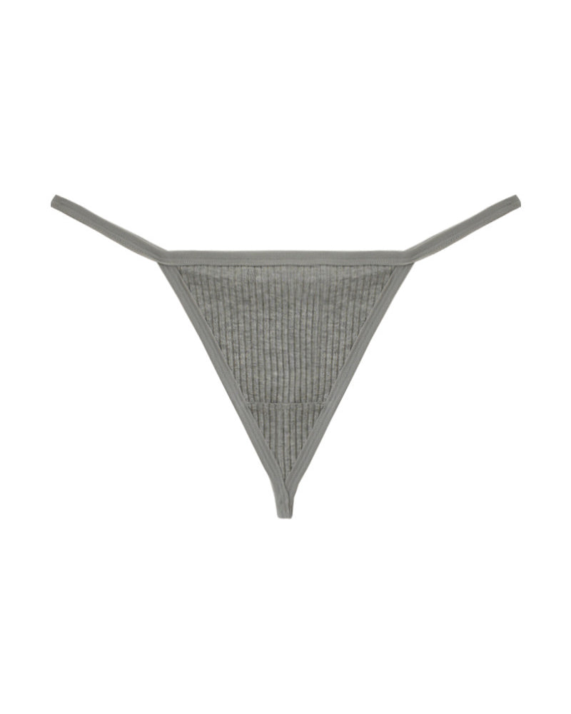 Gray ribbed micro G-string thong with V-front and minimal back coverage