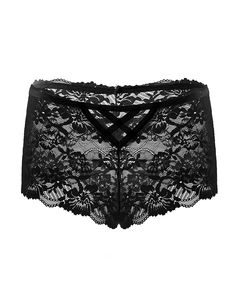 Black floral lace cheeky panties, lace waistband and crisscross front strap