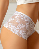 White floral lace cheeky panties, all-over floral pattern and scalloped leg openings