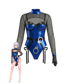 Blue metallic PVC mesh bodysuit with black long sleeves, garter straps, handcuff accessories
