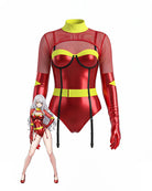 Red metallic PVC mesh long-sleeve bodysuit with garter straps and long gloves