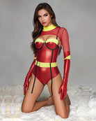 Red metallic bodysuit with yellow trim, garter straps, and red long gloves