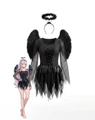 Black angel mini dress set with lace-up corset, layered tulle skirt, feather wings