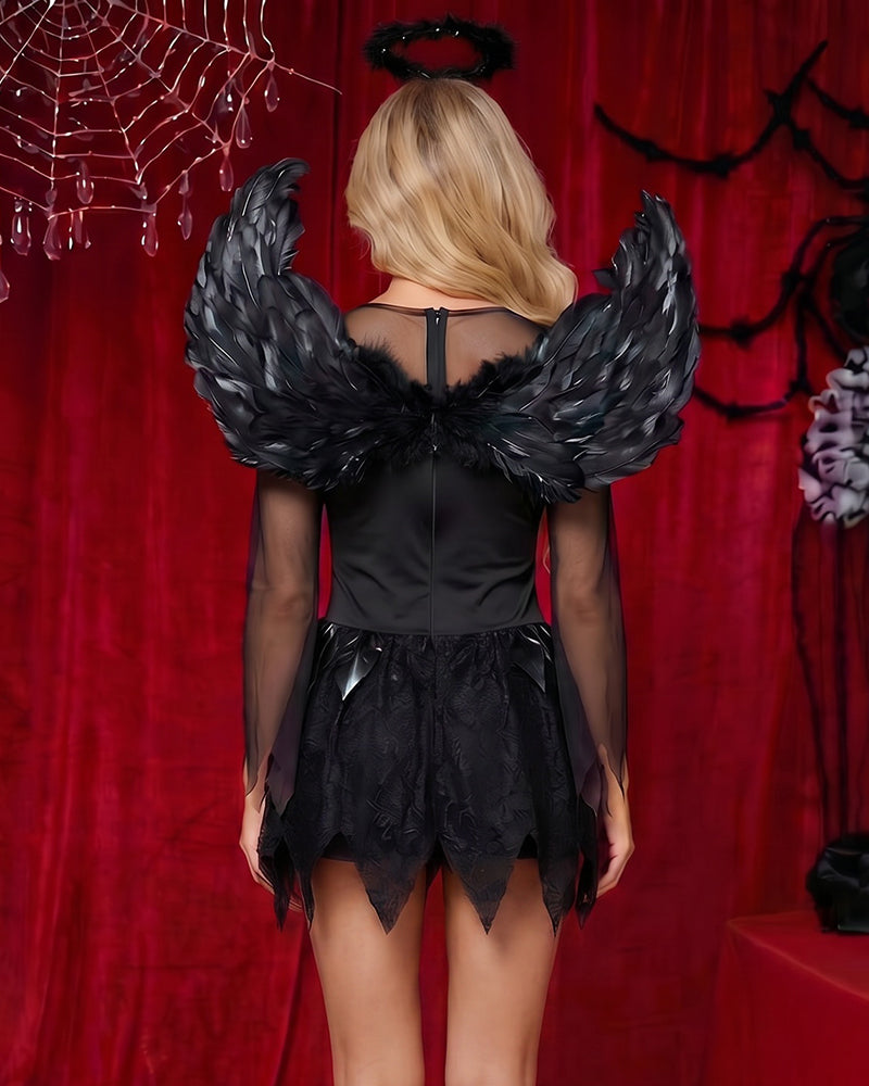Black mini dress back view with corset lacing, sheer panels, feather wings