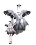 White angel mini dress set with lace-up corset, satin bow waist, feather wings