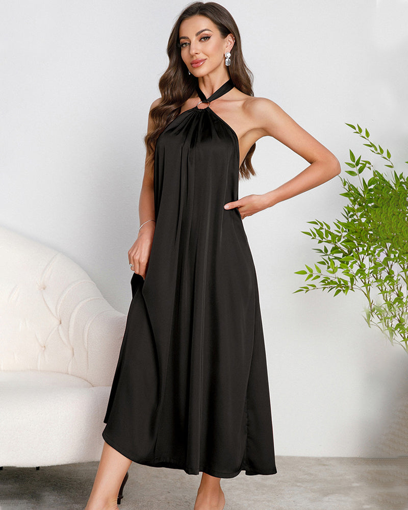 Women's Satin Halter Maxi Dress O-Ring Backless Slip Nightgown