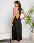 Women's Satin Halter Maxi Dress O-Ring Backless Slip Nightgown