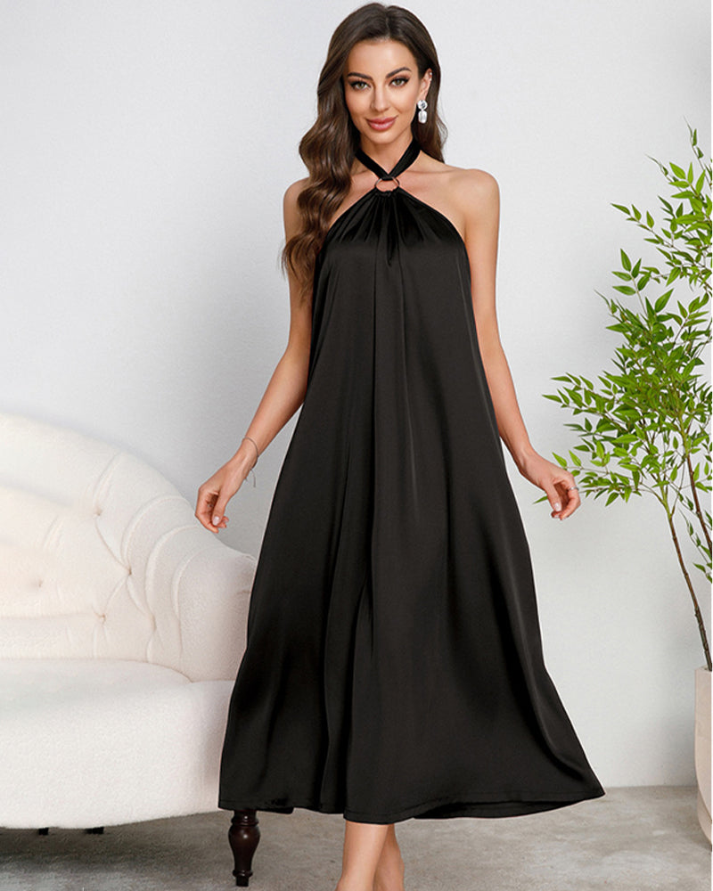 Women's Satin Halter Maxi Dress O-Ring Backless Slip Nightgown