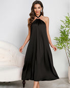 Women's Satin Halter Maxi Dress O-Ring Backless Slip Nightgown