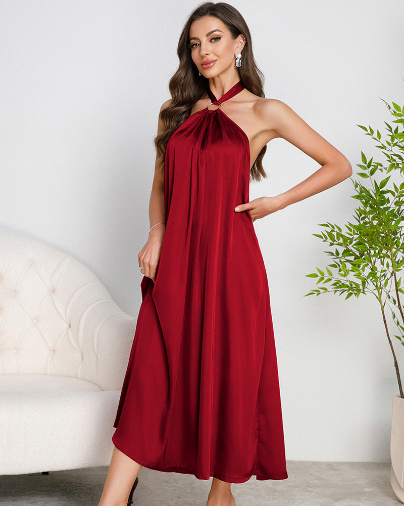 Women's Satin Halter Maxi Dress O-Ring Backless Slip Nightgown