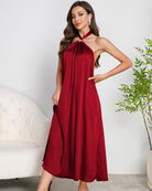 Women's Satin Halter Maxi Dress O-Ring Backless Slip Nightgown