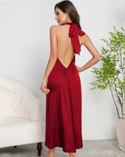 Women's Satin Halter Maxi Dress O-Ring Backless Slip Nightgown