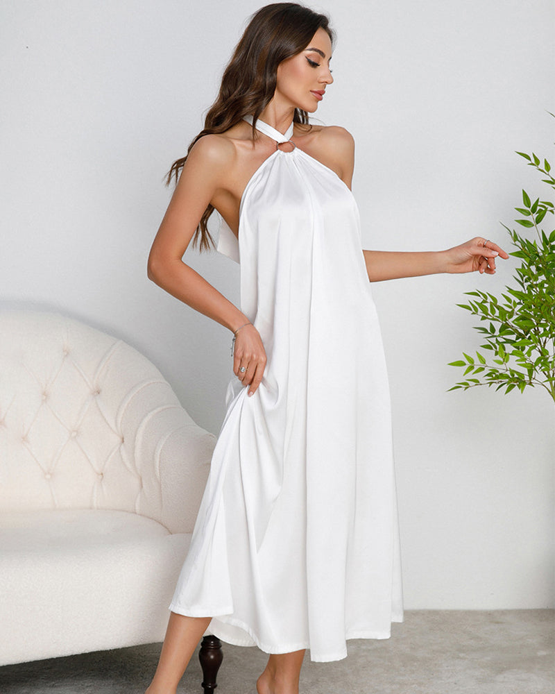 Women's Satin Halter Maxi Dress O-Ring Backless Slip Nightgown