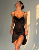 Women's Feather Trim Satin Slip Dress Ruched High Slit Party Dress