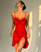 Women's Feather Trim Satin Slip Dress Ruched High Slit Party Dress