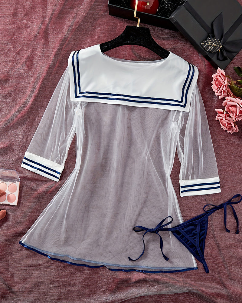 Women's Sailor Costume Lingerie Set Sheer Mesh Dress with Thong - SYV010398_CLB-3.jpg