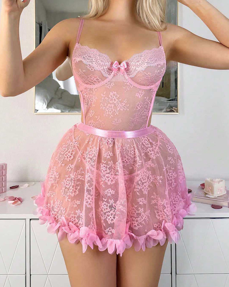 Women's Floral Lace Babydoll Lingerie with Petal Ruffle Hem and Thong - SYV010400_PI-3.jpg