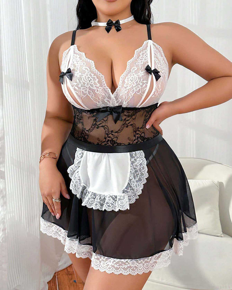 Women's Maid Costume Plus Size Lingerie Lace Babydoll Dress with Apron - SYV010403_B-6.jpg