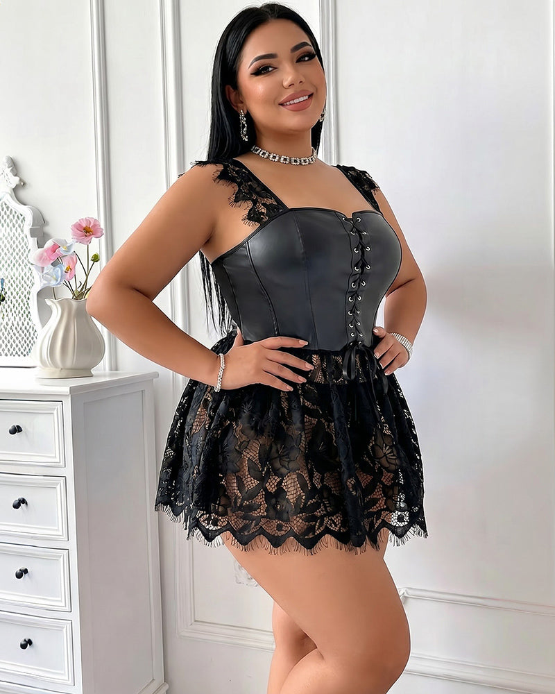 Women's Plus Size Faux Leather Corset Lingerie with Lace Skirt - SYV010405_B-3.jpg