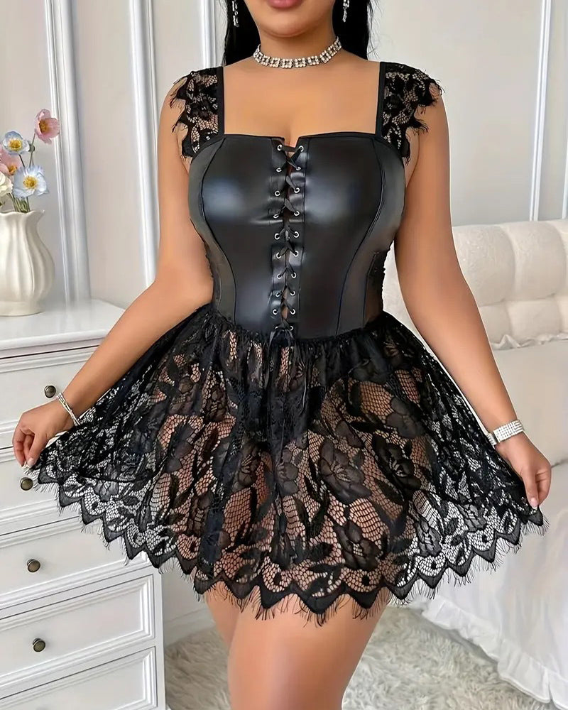 Women's Plus Size Faux Leather Corset Lingerie with Lace Skirt - SYV010405_B-5.jpg