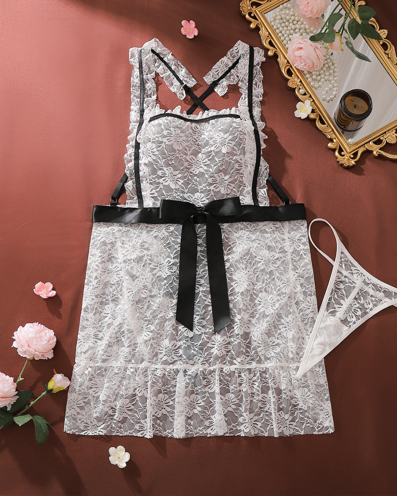 White lace chemise mini dress with black ribbon accents and matching lace panty