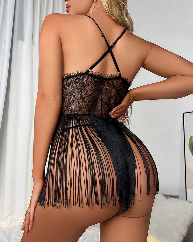 Deep V Floral Lace Fringe Mini Dress and Panty Set