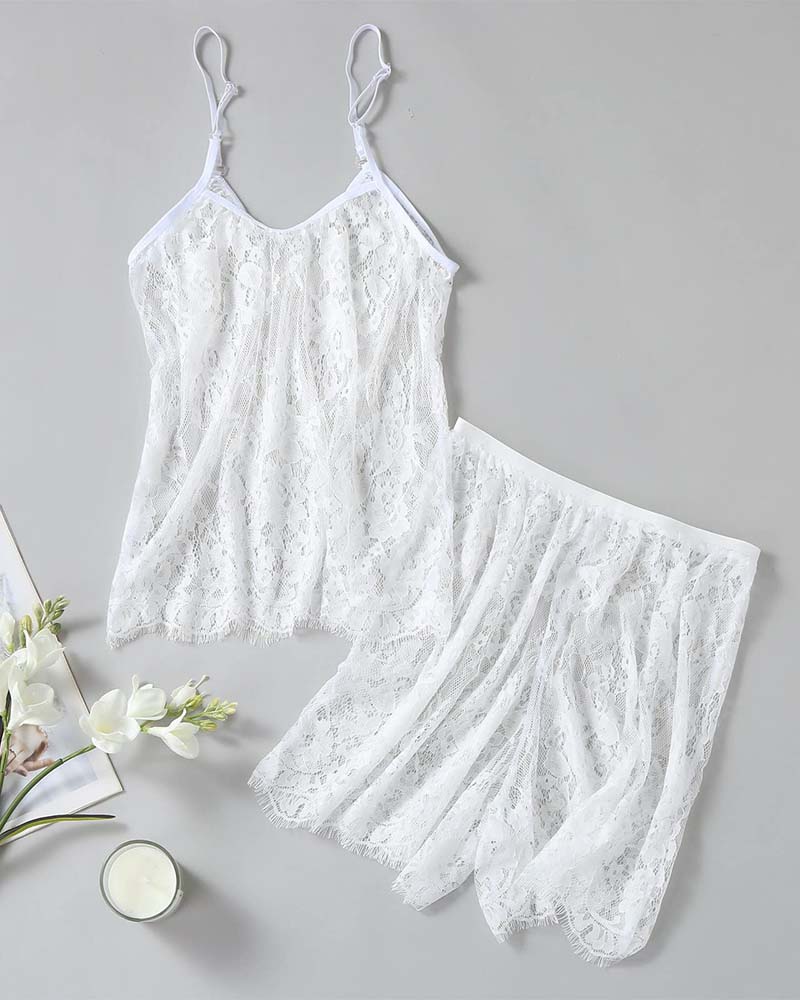 Floral Embroidery Lace Camisole Top and Shorts Set