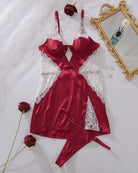 Red satin deep V mini dress and matching panty with lace trim, heart keyhole