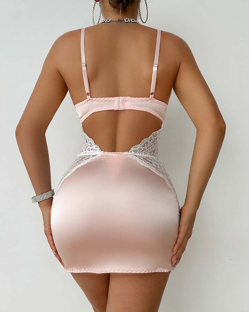 Deep V Satin Mini Dress with Heart Keyhole and Matching Panty
