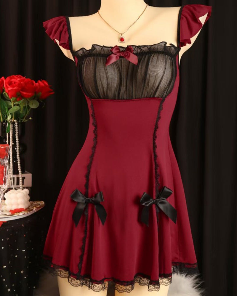 Wine red satin babydoll mini dress with ruffle flutter sleeves and black bows
