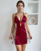 Deep V Satin Floral Embroidered Mesh Halter Mini Dress and Panty Set - Wine Red