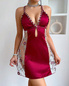Deep V Satin Floral Embroidered Mesh Halter Mini Dress and Panty Set