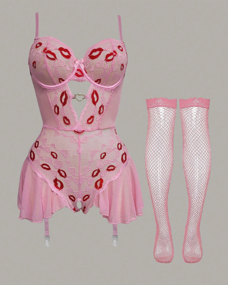 Pink lip-print crotchless bustier set with fishnet thigh-high stockings