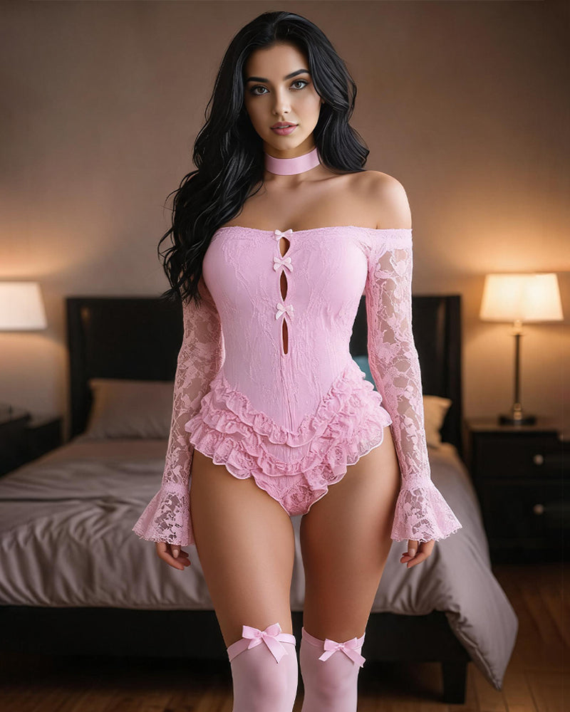 Pink lace off-shoulder bodysuit with ruffle hem and bow stockings