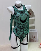 Gothic Moon Print Mesh Bodysuit with Garter Straps - Teal