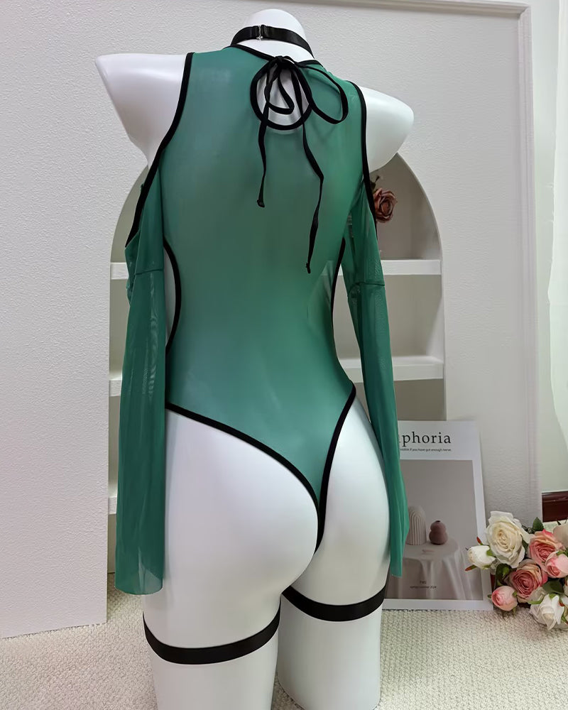 Gothic Moon Print Mesh Bodysuit with Garter Straps - Teal