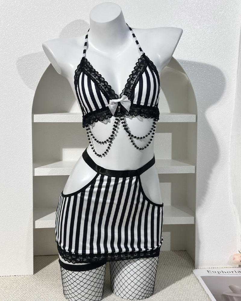 Striped Lace Trim Bra & Skirt Lingerie Set with Chain Detail - Black