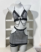 Striped Lace Trim Bra & Skirt Lingerie Set with Chain Detail - Black