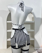 Striped Lace Trim Bra & Skirt Lingerie Set with Chain Detail - Black