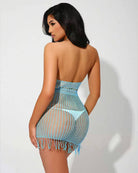 Fishnet Crochet Halter Mini Dress with Fringe Hem - Blue