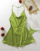 Satin Cowl Neck Slip Nightgown Mini Dress - Green