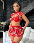 Chinese Dragon Print Cheongsam-Inspired Bra & Skirt Set - Red