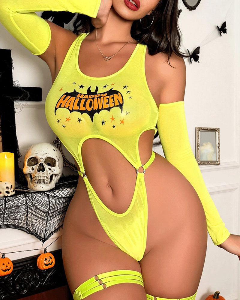 Neon yellow cut-out Halloween bodysuit with leg garter straps and front thigh cutout