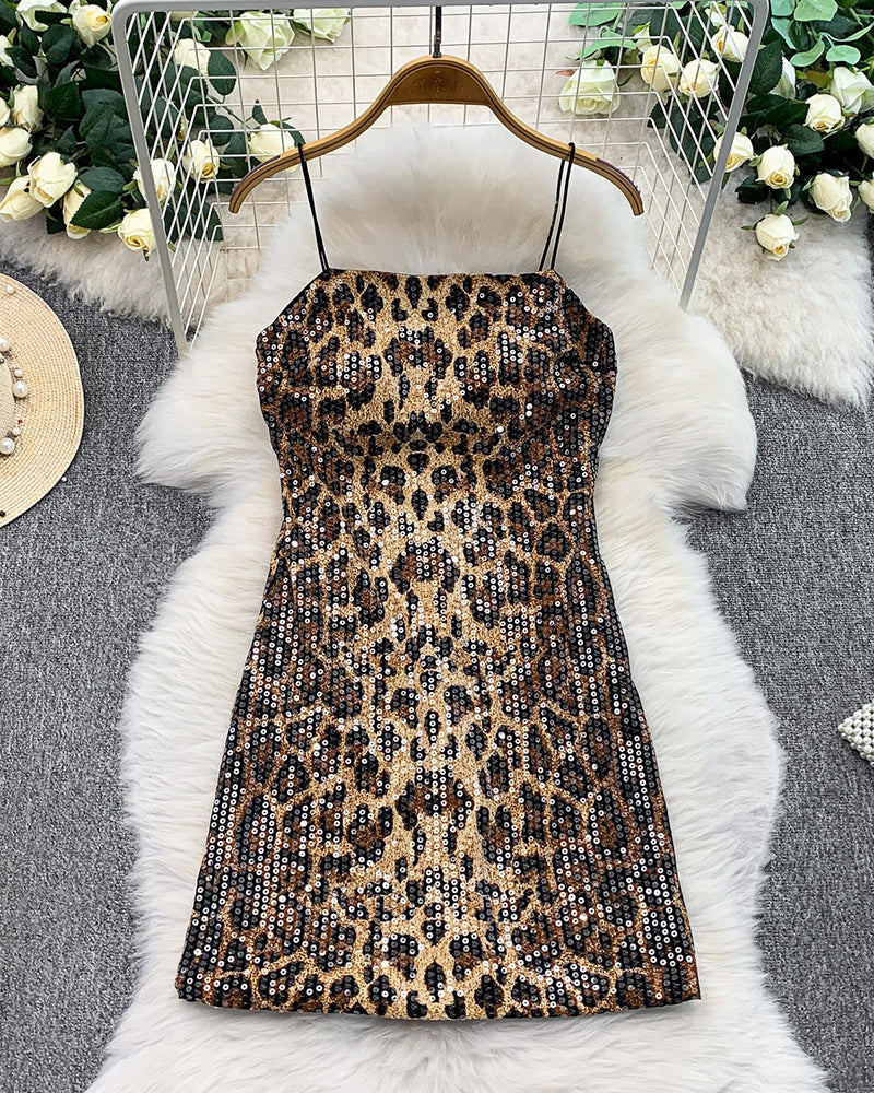 Leopard sequin mini dress with spaghetti straps, brown/gold sparkle, front view