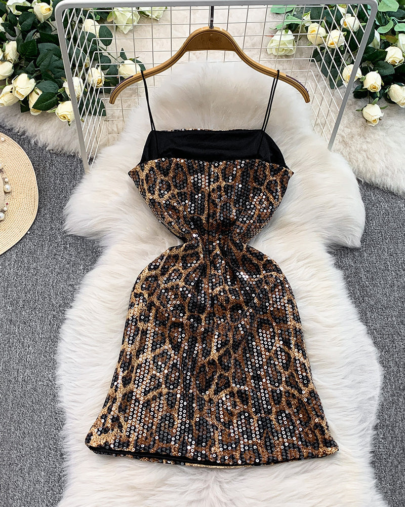 Leopard sequin mini dress with spaghetti straps, brown/gold sparkle, back view