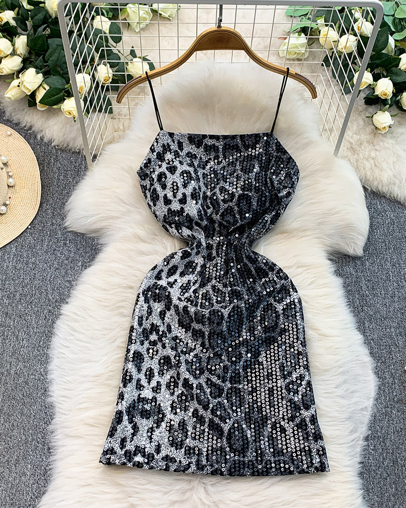 Leopard sequin mini dress with spaghetti straps, silver/gray leopard print, back view